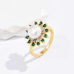 Brass Micro Pave Green Cubic Zirconia Flower Finger Ring, with Imitation Pearl Beads, Real 18K Gold Plated, no size