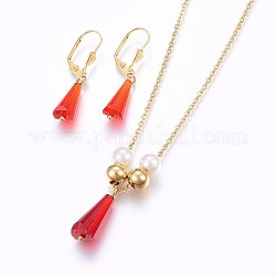 Kits de bijoux en 304 acier inoxydable, pendentifs et boucles d'oreilles, avec perles de verre et perles acrylique, rouge, 17.72 pouce (45 cm), 40x8x7.5mm, pin: 0.8 mm