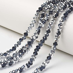 Placcare trasparente perle di vetro fili, mezzo argento placcato, sfaccettato, rondelle, blu di Prussia, 6x5mm, Foro: 1 mm, circa 85~88pcs/filo, 16.1~16.5 pollice (41~42 cm)