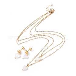 Synthetic Shell Heart Pendant Double Layer Necklaces and Dangle Stud Earrings, Gold Plated 304 Stainless Steel Jewelry Sets for Women, White, 16.22 inch(41.2cm), 20~21.5mm, Pin: 0.8mm