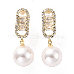 Clear Cubic Zirconia Oval with Plastic Pearl Dangle Stud Earrings, Light Gold Plated Brass Jewelry for Women, Cadmium Free & Lead Free, White, 35mm, Pin: 0.9mm