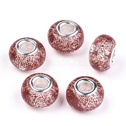 Perle europee in resina epossidica, perline con foro grande, con polvere glitterata e doppio core in ottone color platino, rondelle, indian rosso, 14x9mm, Foro: 5 mm