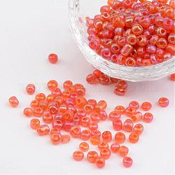 6/0 transparentes couleurs de l'arc perles de graines de verre rond, rouge-orange, taille: environ 4mm de diamètre, Trou: 1.5 mm, environ 495 pcs/50 g