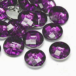 Botones de acrílico rhinestone de Taiwán, facetados, 2 agujero, disco, púrpura, 11.5x4mm, agujero: 1 mm