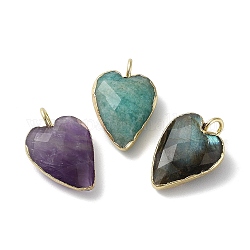 Pendenti naturali di pietra misti, sfaccettate charms cuore, con anelli di bordo in ottone placcato oro, 18x12x6mm, Foro: 3 mm