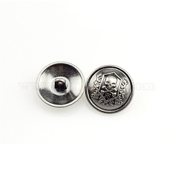 Pulsante gambo in lega, piatta e rotonda con teschio, argento antico, 23x11mm, Foro: 2 mm