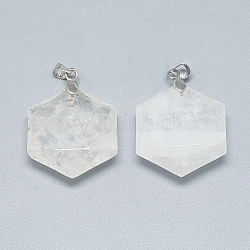 Pendentifs de cristal de quartz naturel, avec les accessoires en laiton, hexagone, platine, 28x25x9.5mm, Trou: 4mm