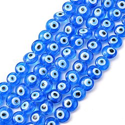 Redondas plana mal de ojo hebras de abalorios de murano, azul dodger, 15~16x8~9mm, agujero: 2 mm, aproximamente 24 pcs / cadena, 13.7 pulgada