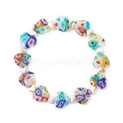 Bracciale elasticizzato fatto a mano a lume di millefiori e perline a cuore in lega, braccialetto di fiori per le donne, colorato, diametro interno: 1-7/8 pollice (4.8 cm)