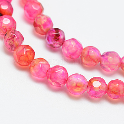 Chapelets de perles en agate craquelée naturelle, teinte, facette, ronde, rose chaud, 4mm, Trou: 1mm, Environ 87~90 pcs/chapelet, 13.8~14.6 pouce