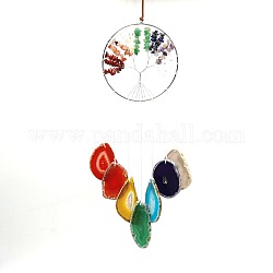 Große hängende Dekorationen aus Metall, mit Achatscheiben & Chakra-Themen-Edelstein-Chip-Perlen, flach rund mit Baum des Lebens, Platin Farbe, 80 cm