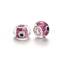 Handmade Lampwork European Beads, Large Hole Rondelle Beads, with Glitter Powder and Platinum Tone Brass Double Cores, with Eye Pattern, Camellia, 14~15x9~10mm, Hole: 5mm