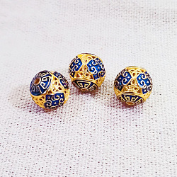 Messing Emaille-Perlen, golden, Runde, Blume, 12 mm