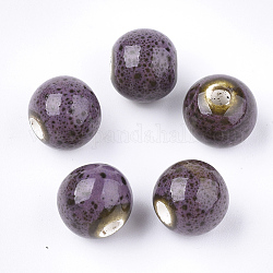 Perles en porcelaine manuelles, fantaisie porcelaine émaillée antique, ronde, support violet, 10.5~11x9.5mm, Trou: 2.5mm