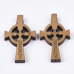 Wooden Pendants, Religion, Cross with Word Jerusalem, Dyed, Camel, 34~35x21~22x4.5mm, Hole: 1.5mm