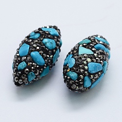Polymer Clay Rhinestone Beads, with Natural & Dyed Turquoise Chip Beads, Oval, 30~32x15~16mm, Hole: 1mm