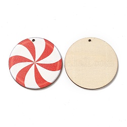 Einseitige, weihnachtlich bedruckte Holzanhänger, flache runde Charme, rot, 45x2.5 mm, Bohrung: 2 mm
