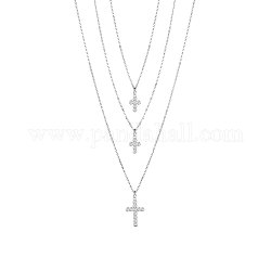 SHEGRACE Rhodium Plated 925 Sterling Silver Tri-Tiered Necklaces, with AAA Cubic Zirconia, with S925 Stamp, Cross, Platinum, 18.11 inch(46cm)