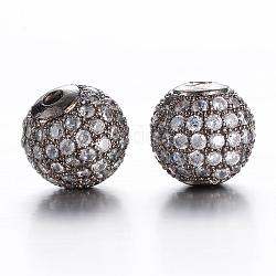 Perles rondes en laiton avec zircone cubique de micro pave, clair, gunmetal, 10mm, Trou: 2mm