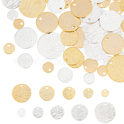 NBEADS 60 Pcs Flat Round Brass Charms, 6/8/10/12/15mm Textured Plating Blank Pendants Real 24K Gold Plated & 925 Sterling Silver Plated for Pendant Necklace Jewelry DIY Craft Making