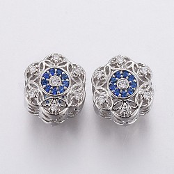 Perles européennes en laiton avec zircone cubique de micro pave, Perles avec un grand trou   , fleur, bleu clair, platine, 11x10x8.5mm, Trou: 4mm