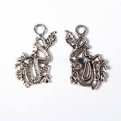 Antique Silver Tibetan Style Dragon Pendant, Lead Free and Cadmium Free, 27mm long, 16mm wide, 2mm thick, hole: 3mm