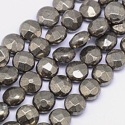Natural Pyrite Beads Strands, Flat Round, Faceted, 8x6mm, Hole: 1mm, about 48pcs/strand, 15.74 inch