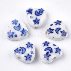 Abalorios de porcelana hechas a mano, porcelana azul y blanca, corazón con la luna y las estrellas, azul, 15x15x8mm, agujero: 1.6 mm