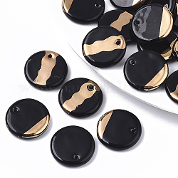 Two Tone Handmade Porcelain Pendants, Ornamental with Gold, Flat Round, Black, 21.5x4mm, Hole: 1.6mm