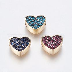 Perles de zircone cubique micro pave en Laiton, Plaqué longue durée, sans plomb et sans cadmium, cœur, couleur mixte, 9x10x4mm, Trou: 1.5mm