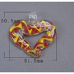 Handmade Lampwork Heart Pendants, Red & Yellow, Size: about 51.5mm wide, 50.5mm long, 6.5mm thick, hole: 7mm