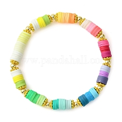 Disque d’argile polymère et bracelet extensible à perles rondes en alliage, bracelet preppy, colorées, diamètre intérieur: 2-3/8 pouce (5.9 cm)