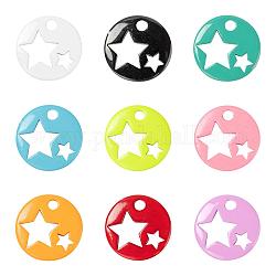 9 pièces 9 couleurs breloques en laiton peintes à la bombe, plat et circulaire avec étoile, couleur mixte, 14.5x14.5x2.5mm, Trou: 2mm, 1 pc / couleur