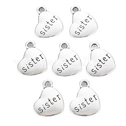 Tibetan Style Alloy Family Charms, Heart with Word Sister, Cadmium Free & Lead Free, Antique Silver, 14x18x3mm, Hole: 2.5mm