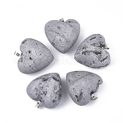 Plaquer des pendentifs en agate naturelle de géode druzy, avec les accessoires en laiton, cœur, platine, gris clair, 30.5x30x14~15mm, Trou: 4.5x4mm