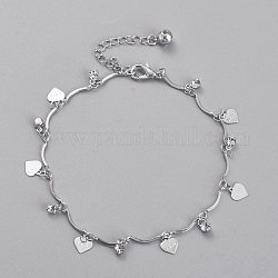 Brass Heart Charm Anklets, with Bar Link Chains, Rhinestone and Bell Charms, Platinum, 8-3/4 inch(22.3cm)