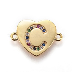Ottone micro spianare link zirconi, cuore con la lettera, colorato, oro, letter.c, 14~14.5x19.5~20x1.5mm, Foro: 1.5 mm