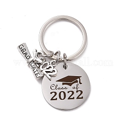 Graduation Theme 201 Stainless Steel Keychain Clasps, Flat Round with 2022 & Diploma, Hat Pattern, 52mm