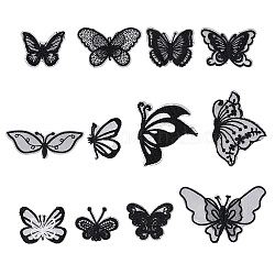 Superfindings 40 個 12 スタイルコンピュータ化された刺繍オーガンジーオーナメントアクセサリー  パッチを縫う  蝶  ブラック  30~62x35~98mm