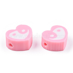Handmade Polymer Clay Beads, Heart with Yin Yang, Pink, 8.5x9.5x4.5mm, Hole: 1.5mm