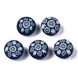 Perles en pâte polymère manuel, pour les fournitures de bricolage bijoux artisanat, plat et circulaire avec fleur, bleu de Prusse, 12x8.5mm, Trou: 1.6mm