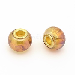 Large Hole Glass European Beads, with Golden Tone Brass Cores, Rondelle, Sandy Brown, 14x11mm, Hole: 5mm