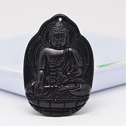 Grandi pendenti con cammeo di ossidiana naturale, ciondoli gioielli buddista, Budda, 51~53x35.5~37.5x11~13mm, Foro: 2 mm