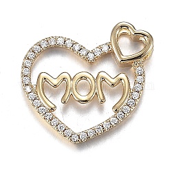 Brass Micro Clear Cubic Zirconia Pendants, Long-Lasting Plated, for Mother's Day, Heart with Word Mom, Real 18K Gold Plated, 21.3x21.8x4.3mm, Hole: 4.5x5mm