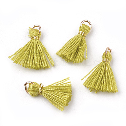 Polycotton(Polyester Cotton) Tassel Pendant Decorations, Mini Tassel, with Iron Findings and Metallic Cord, Light Gold, Yellow Green, 10~15x2~3mm, Hole: 1.5mm
