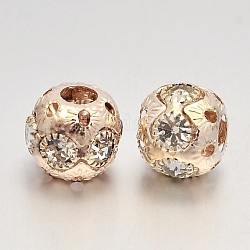Messing Runde European Beads, mit Glas Strass, Roségold, 12x10 mm, Bohrung: 4.5 mm