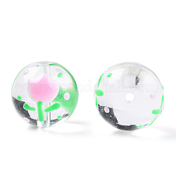 Perles de lampwork faites à la main transparentes, ronde avec motif de fleurs, verte, 17x16x15mm, Trou: 1.8~2mm