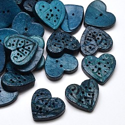 Heart Coconut 2 Holes Sewing Buttons, Dyed, Royal Blue, 20~21x22~23x4~6mm, Hole: 1mm
