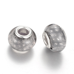 Harz europäischen Perlen, Großloch perlen, mit versilberten Messingkernen, Rondell, lichtgrau, 14x9~9.5 mm, Bohrung: 5 mm