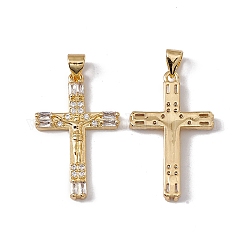Brass Micro Pave Clear Cubic Zirconia Pendants, Cadmium Free & Nickel Free & Lead Free, Rack Plating, Cross, Real 18K Gold Plated, 28.5x18x3mm, Hole: 3.5x5mm